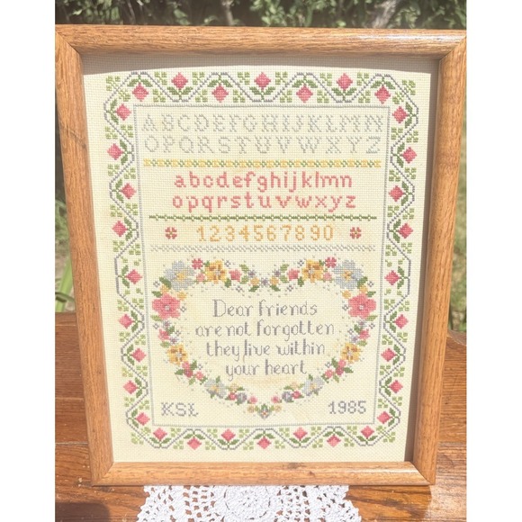 Handmade Other - Vintage Framed Cross Stitch Sampler Dear Friends Live Within Your Heart 12 X 15